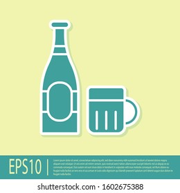 Green Beer bottle and glass icon isolated on yellow background. Alcohol Drink symbol.  Vector Illustration