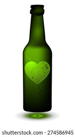 Green Beer Bottle with a Glowing Heart Imprint, Vector Illustration. 