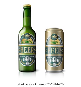 Green beer bottle and golden beer can, with labels. Isolated on white background with reflections. Vector