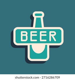 Green Beer bottle icon isolated on green background. Long shadow style. Vector