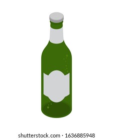 Green beer bottle isolated. Isometric alcohol. vector illustration