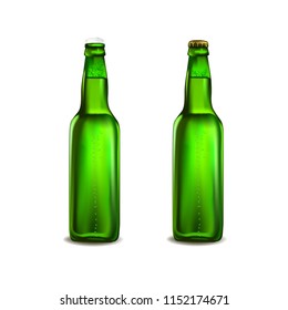 Green beer bottle isolated on white background. Vector illustration.