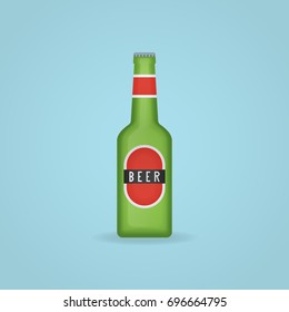 Green beer bottle with label isolated on background. Vector illustration.
