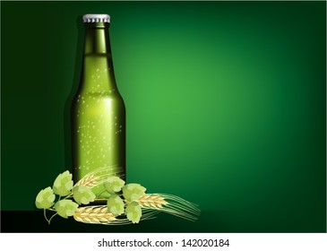 green beer bottle on green background