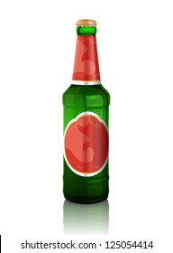 Green  beer bottle with red label and reflection on the white background