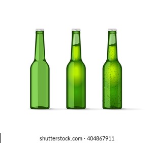 Botellas verdes de cerveza, botella completa y vacía con gorra y burbujas, botella fría de agua mineral, gotas, sosa, limonada fresco moderno diseño vectorial realista aislado en fondo blanco