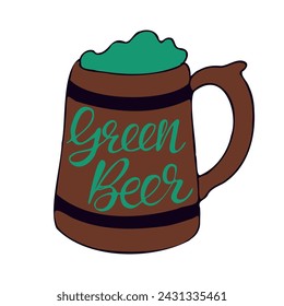 Letras caligráficas de cerveza verde en taza de cerveza. Día de San Patricio concepto tradicional. Fiesta tradicional irlandesa. Único gráfico dibujado a mano para impresiones y tarjetas.