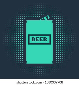 Green Beer can icon isolated on blue background. Abstract circle random dots. Vector Illustration