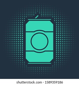 Green Beer can icon isolated on blue background. Abstract circle random dots. Vector Illustration