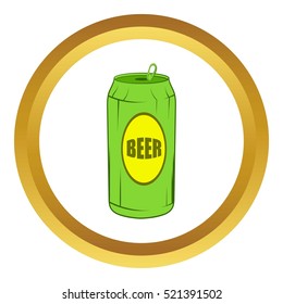 Green beer can vector icon in golden circle, cartoon style isolated on white background