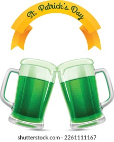 Green beer cup st.patrick's day theme. Happy Saint Patrick's Day greeting card with text, two toasting mugs full of green beer. Green bear cups.