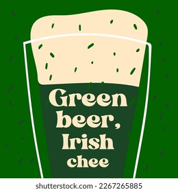 Green beer, green everything text with illustration stylized mug of beer on green background