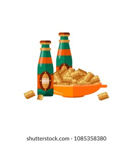 Green beer glass bottles with green golden lebel and pot with crispy bread rusks, snacks. . Isolated vector illustration on a white background.