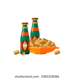 Green beer glass bottles with green golden lebel and pot with crispy bread rusks, snacks. . Isolated vector illustration on a white background.