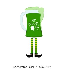 Green beer glass with elf legs. Saint patricks day. Vector illustration design