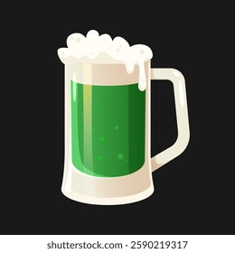 Green beer glass with high foam for St. Patrick's day holiday isolated on black background. Alcoholic beverage menu.