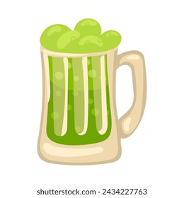 Cerveza verde. Una taza de cerveza verde para el Día de San Patricio. Un envase de vidrio grande con alcohol de color. La cerveza espumosa con burbujas sale de la taza, aislada sobre un fondo blanco