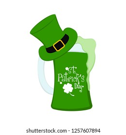 Green beer glass with a traditional irish hat. Saint patricks day. Vector illustration design