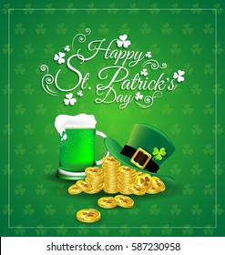 Green beer with hat on gold coin for  St. Patrick's Day card