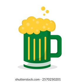 green beer mug filled with frothy yellow foam, isolated on a white background, symbolizing celebration