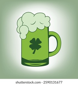 Green beer mug with frothy foam and shamrocks, perfect for St. Patrick’s Day celebrations