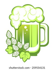 Green beer mug and hop isolated on a white background. 