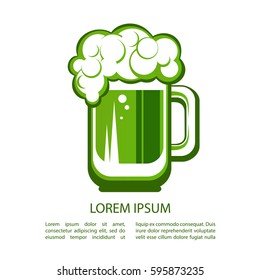 Green beer mug isolated on white background. Saint Patrick's Day symbol. Design element for flyers or banners.