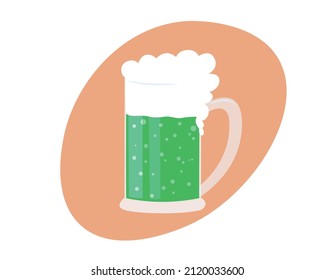 Green beer mug isolated. Saint Patricks Day symbol. Traditional alcohol beverage of national Irish Patrick holiday. Vector flat illustration.