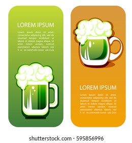 Green beer mug with text frame. Saint Patricks Day symbol templates. Design element for flyers or banners.