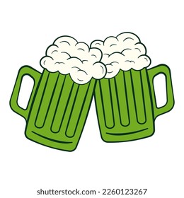 Green beer mugs with foam. St. Patrick's Day. Cartoon. Vector illustration. Isolated on white background