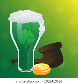 Green beer, pipe and golden coins stack vector illustration