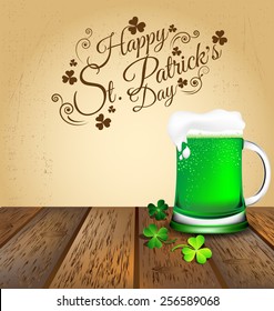 Green beer with Shamrock on wooden floor vector for St. Patrick's Day card