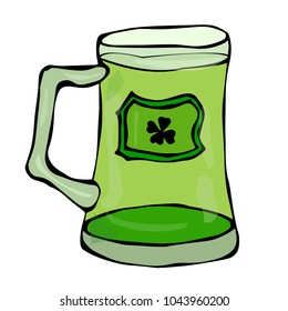 Green Beer St. Patricks Day Symbol Glass with Splash of Alcoholic Drink. Saint Patricks Day Ireland Vector Illustration Hand Drawn. Savoyar Style Doodle.