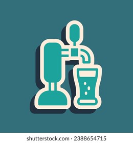 Green Beer tap with glass icon isolated on green background. Long shadow style. Vector
