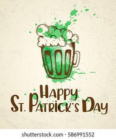 Green beer and watercolor blots. Vintage greeting card for St. Patrick's day