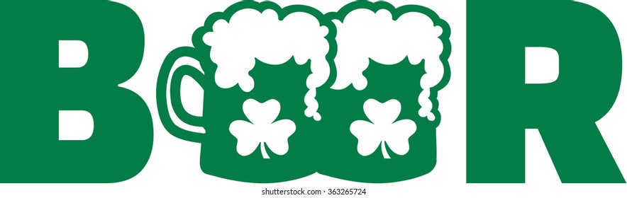 Green beer word with two beer mugs and clover