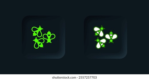 Green Bees icon isolated on black background. Sweet natural food. Honeybee or apis with wings symbol. Flying insect. Black square button. Vector