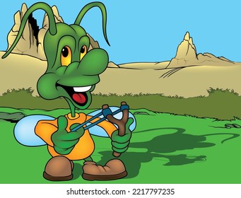 A Green Beetle with a Big Smile and an Orange Body Holding a Slingshot - Colored Cartoon Illustration with Background, Vector