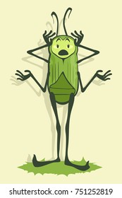 Green beetle with four hands is scared and put his hands on his head. Vector illustration