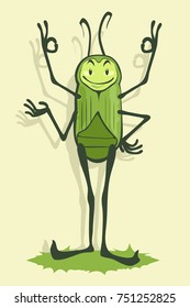 Green beetle with four hands smiles and shows OK hand sign vector illustration