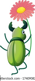 Green beetle holding flower on white background illustration