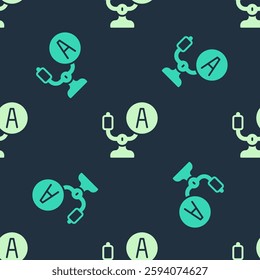 Green and beige Aircraft steering helm icon isolated seamless pattern on blue background. Aircraft control wheel.  Vector