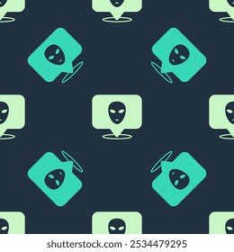 Green and beige Alien icon isolated seamless pattern on blue background. Extraterrestrial alien face or head symbol.  Vector