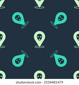 Green and beige Alien icon isolated seamless pattern on blue background. Extraterrestrial alien face or head symbol.  Vector