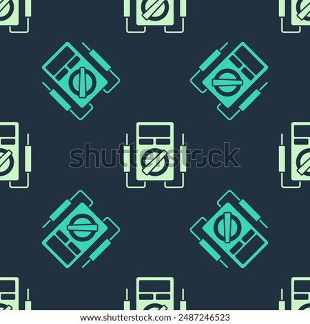 Green and beige Ampere meter, multimeter, voltmeter icon isolated seamless pattern on blue background. Instruments for measurement of electric current.  Vector