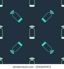 Green and beige Aqualung icon isolated seamless pattern on blue background. Oxygen tank for diver. Diving equipment. Extreme sport. Diving underwater equipment.  Vector