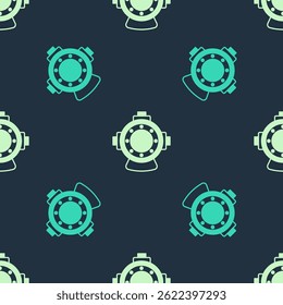Green and beige Aqualung icon isolated seamless pattern on blue background. Diving helmet. Diving underwater equipment.  Vector
