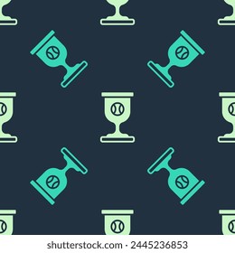 Green and beige Award cup with baseball ball icon isolated seamless pattern on blue background. Winner trophy symbol. Championship or competition trophy. Sports achievement.  Vector
