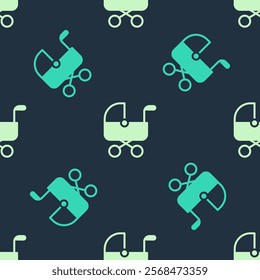 Green and beige Baby stroller icon isolated seamless pattern on blue background. Baby carriage, buggy, pram, stroller, wheel.  Vector