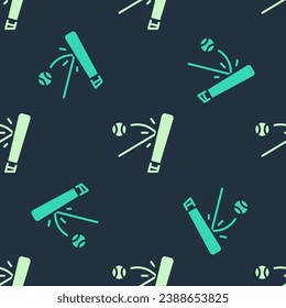 Green and beige Baseball bat with ball icon isolated seamless pattern on blue background.  Vector